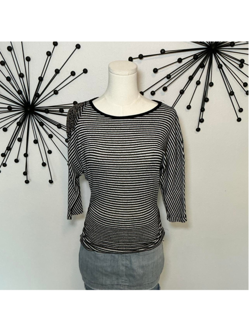 IN9 Black White Striped Embellished Shoulder Top Size Small